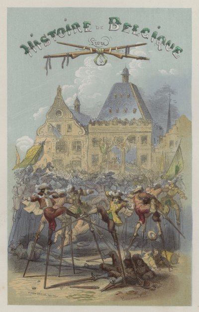 ナミュールでの竹馬での戦い（カラーのエングレービング 作： European School
