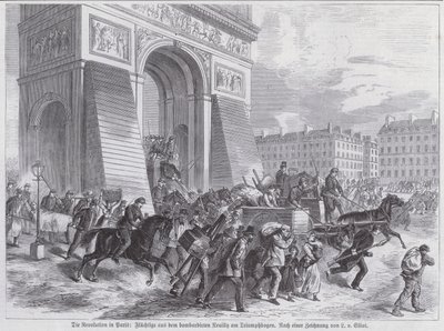 凱旋門を通過するフランス軍のヌーイリー砲撃からの逃亡者たち（パリ・コミューン、1871年4月）（エングレーヴィング 作： European School