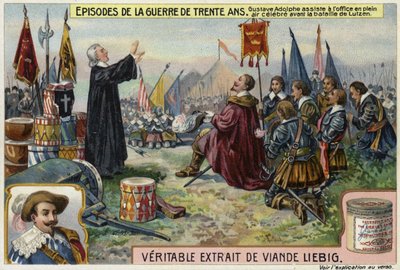スウェーデンのグスタフアドルフス、1632年のドイツ、リュッツェンの戦いの前の野外サービスに参加 作： European School