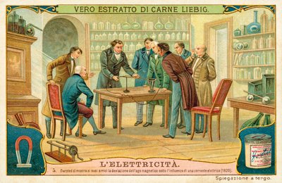 ハンスクリスチャンエルステッドが友人に電流の影響で磁針のずれを示した、1820年 作： European School