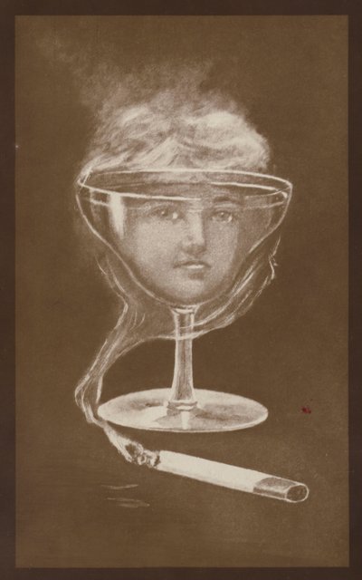 ワイングラスと煙草の煙によって作られた女性の顔のイメージ、c1917（リトグラフ） 作： ヨーロピアンスクール