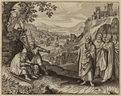 盲目の物乞いの視力を回復するイエス・キリスト (彫刻) 作： European School