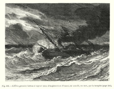 イギリスからフランスに渡った最初の蒸気船エリーゼ号は、海上で嵐に襲われる（エングレービング 作： European School