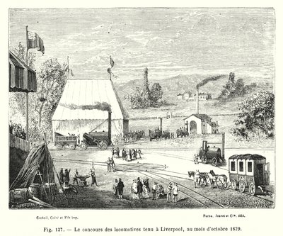 1829年10月にリバプールで開催された機関車競技会（エングレーヴィング 作： European School
