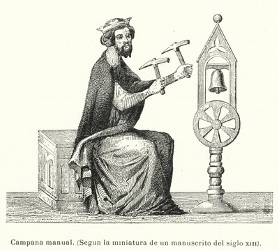 ハンマーを使って鐘を鳴らす男性（リトグラフ 作： European School