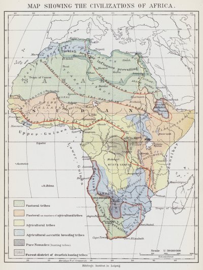 アフリカの文明を示す地図（カラーリトグラフ） 作： European School