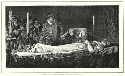 ヴィットリア・コロンナの遺体を称えるミケランジェロ（リトグラフ 作： European School