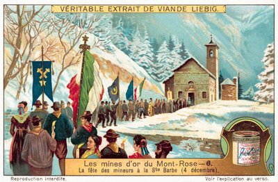 鉱山労働者の守護聖人である聖バルバラの祝日を祝うモンテ・ローザ金鉱の鉱山労働者たち（クロモリト 作： European School
