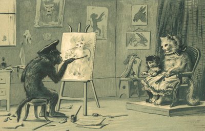 猫と子猫の肖像画を描く猿（リトグラフ） 作： European School