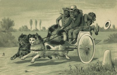 2匹の猫が引く馬車を運転する猿（リトグラフ） 作： European School