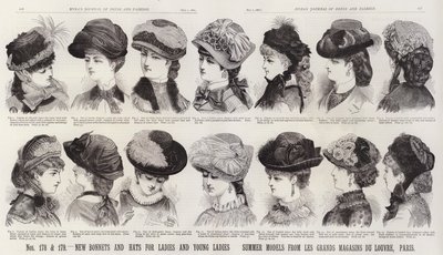 婦人と若い女性のための新しいボンネットと帽子：パリのルーヴル美術館の夏のモデル（彫刻 作： European School
