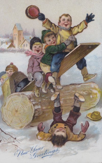 雪の中で遊ぶ子供たちを描いた年賀状（クロモリト） 作： European School