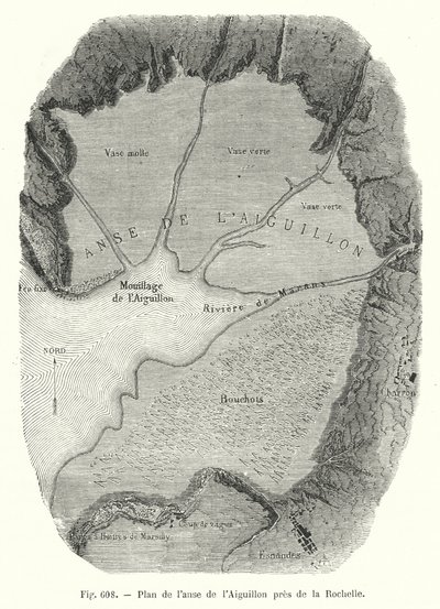 ラ・ロシェル近郊のエギュイヨンの入り江の地図（彫刻版 作： European School