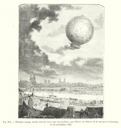 1783年11月21日、ピラトル・ドゥ・ロジエとアーランド侯爵による熱気球での初の空中飛行（エングレーヴィング 作： European School