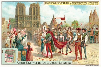 フランスのシャルル7世の時代にパリのノートルダム寺院を出発する行列 作： European School