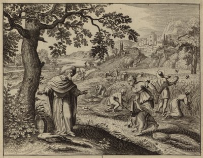 畑で拾い集めをしているときにボアズに会うルツ（版画） 作： European School