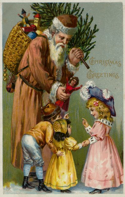 子供たちにプレゼントとクリスマスツリーを渡すサンタクロース（カラーリトグラフ） 作： ヨーロピアンスクール