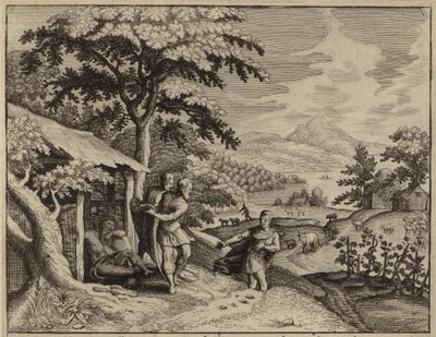 父ノアの裸を覆うセムとヤペテ（彫刻） 作： European School