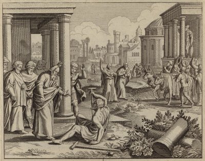 足が不自由で一度も歩いたことのない男性を癒す聖パウロ (彫刻) 作： European School