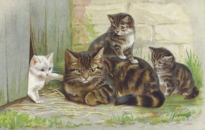 3匹の子猫を連れたタビー猫（クロモリト） 作： European School