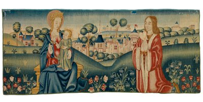 聖ベネディクトが聖母マリアに心臓を捧げる様子を描いたミル・フルールのタペストリー断片 作： European School