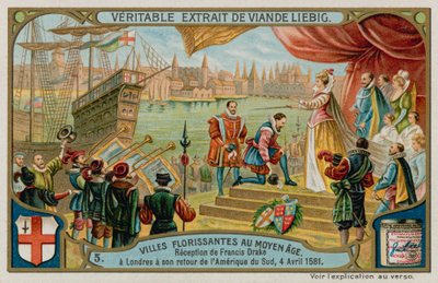 1581年の南米からロンドンへのフランシスドレイクのレセプション（クロモリト） 作： European School
