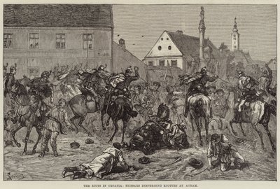 クロアチアの暴動、アグラムで暴徒を鎮圧するユサール（銅版画 作： European School