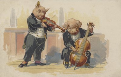 楽器を演奏する2匹のブタ（カラーリトグラフ） 作： European School
