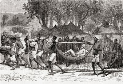 1878年にアフリカのOulonndaの村に到着したバーニーLovett Cameron（木の彫刻） 作： European School