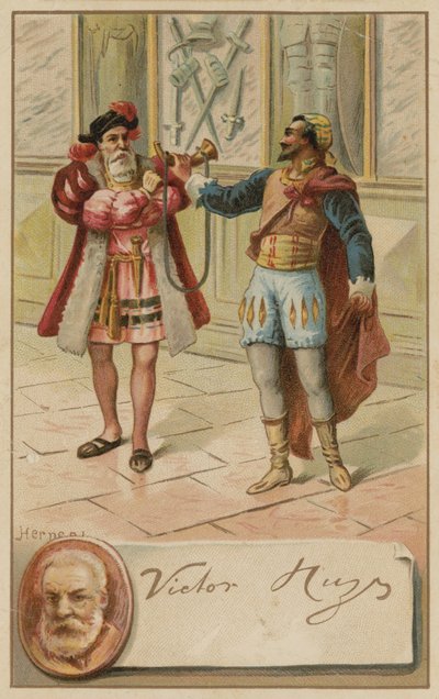 ヴィクトルユーゴー、フランスの作家、彼の戯曲ヘルナニ（1830）の場面 作： European School