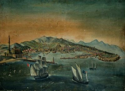 岬の上に灯台のある港の風景、1800年頃 作： European School