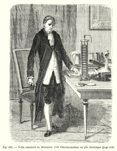 ヴォルタは1799年12月に電気モーターまたは電気バッテリー（彫刻）を製作した。 作： European School