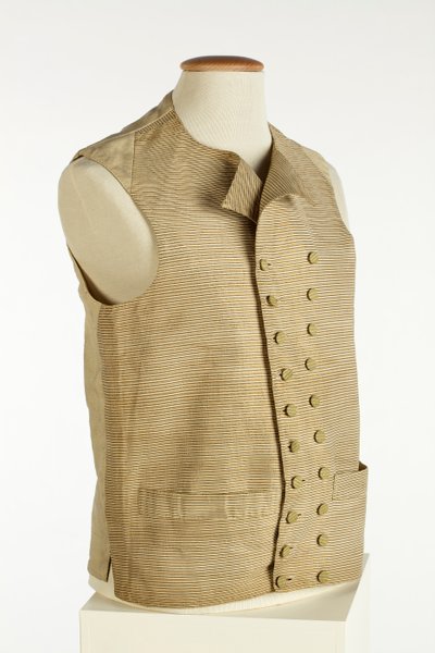 上質なゴールド、クリーム、オレンジのストライプが入ったシルクの織りのチョッキ、c.1780-90（シルク） 作： European School