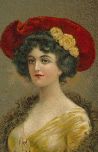エドワード朝の帽子をかぶった女性（カラーリトグラフ） 作： European School