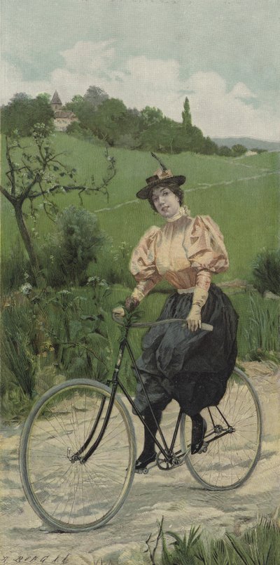 田舎道を自転車で走る女性（カラーリトグラフ 作： European School