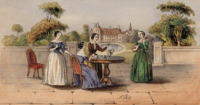 カントリーハウスの庭でお茶やコーヒーを飲む女性たち（カラーリトグラフ 作： European School