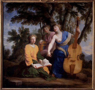 メルポメネ、エラト、ポリュムニアーの3人のミューズの表現（キャンバスに油彩） 作： Eustache (studio of) Le Sueur