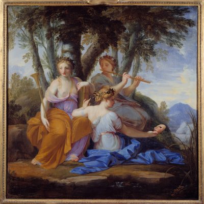 Clio、Euterpe、Thalie Ellesのミューズは、それぞれ歴史、音楽、コメディのミューズです。 作： Eustache (studio of) Le Sueur