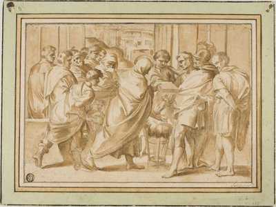 ローマの歴史からのシーン、定規に本を提示するドレープ図 作： Eustache Le Sueur