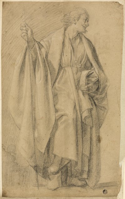 立っているドレープの男性像、杖を持っている 作： Eustache Le Sueur