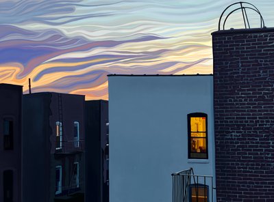 夏の夕暮れ時、ドラマチックな空と雲に囲まれたアパートの建物と光る窓(デジタルアート) 作： エヴァン・スクラー