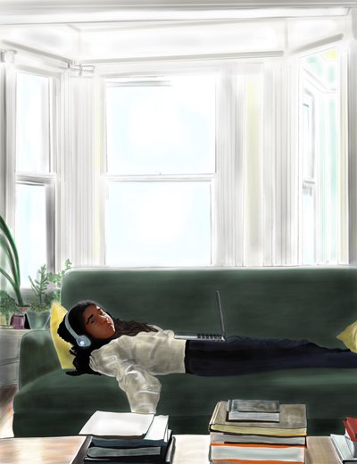 エヴァ・オン・カウチ、ブルックリン（デジタルアート） 作： エヴァン・スクラー