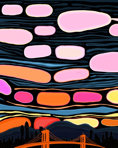 ブルックリン橋と雲（デジタルアート） 作： エヴァン・スクラー