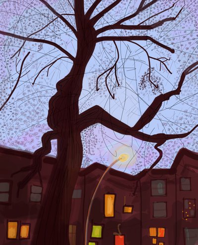 Brooklyn Brownstone Street At Dusk, 2016（iPadでApple pencilを使って手描きしたもの） 作： エヴァン・スクラー