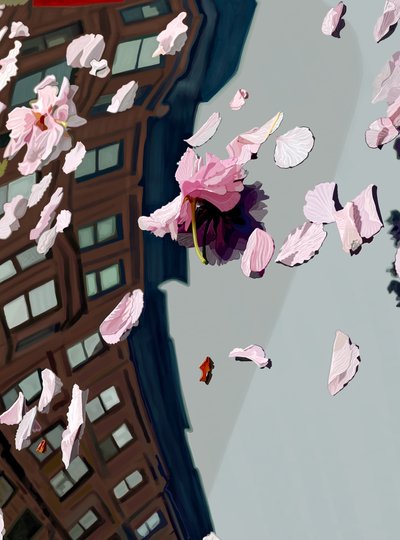 車の風防に咲いた桜（デジタルアート） 作： エヴァン・スクラー