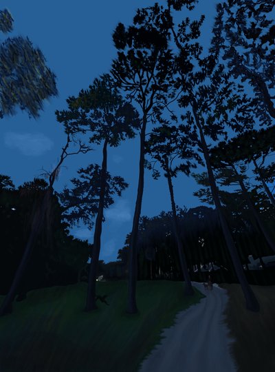 夕暮れ時の犬の散歩（デジタルアート） 作： エヴァン・スクラー