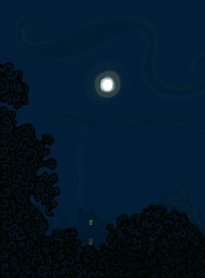 切妻と月のある家、夜の木々の影（デジタルアート） 作： エヴァン・スクラー