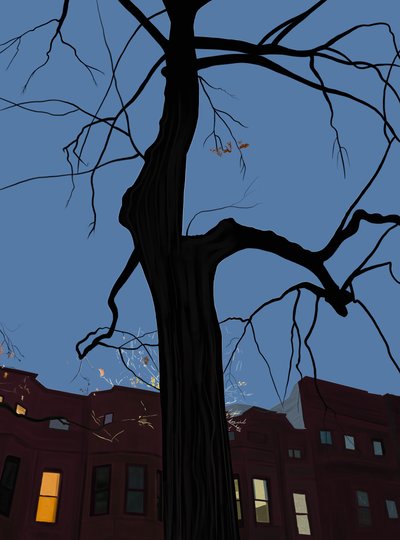 夜の家と木、ブルックリン。(デジタルアート) 作： Evan Sklar
