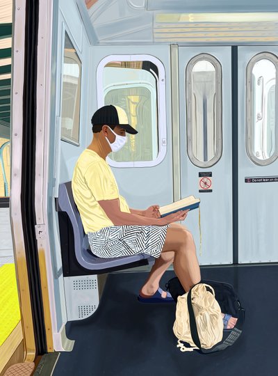 地下鉄で本を読む裸足の男性、2020-24年頃（デジタルアート） 作： エヴァン・スクラー