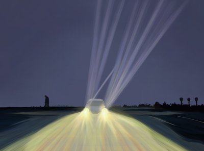 夜、ライトハウスビーチの駐車場を歩く男性（マサチューセッツ州チャタム）（デジタルアート 作： エヴァン・スクラー